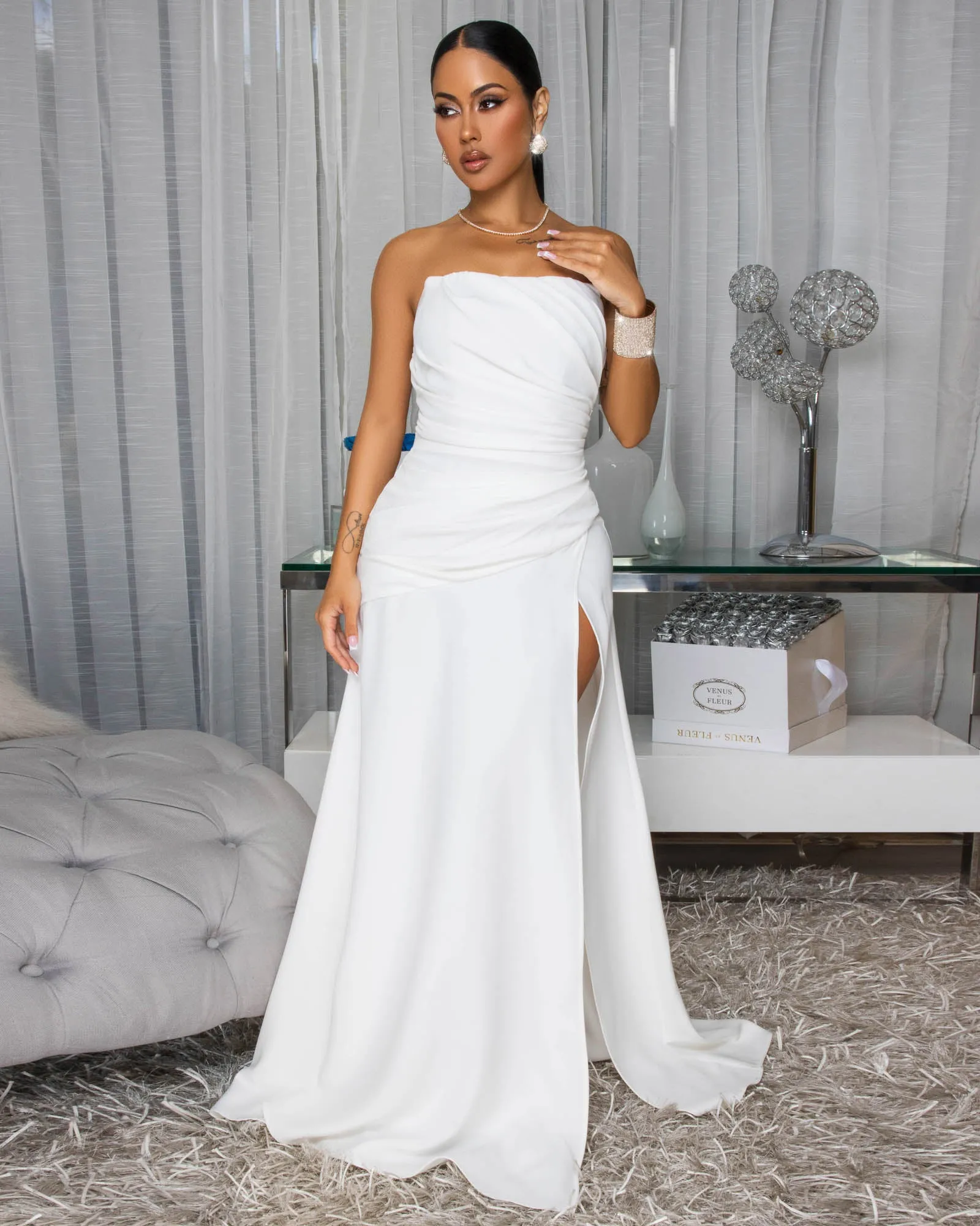 Sandrine Off-White Ruched Slit Gown sold by Chic Couture product image thumbnail 2