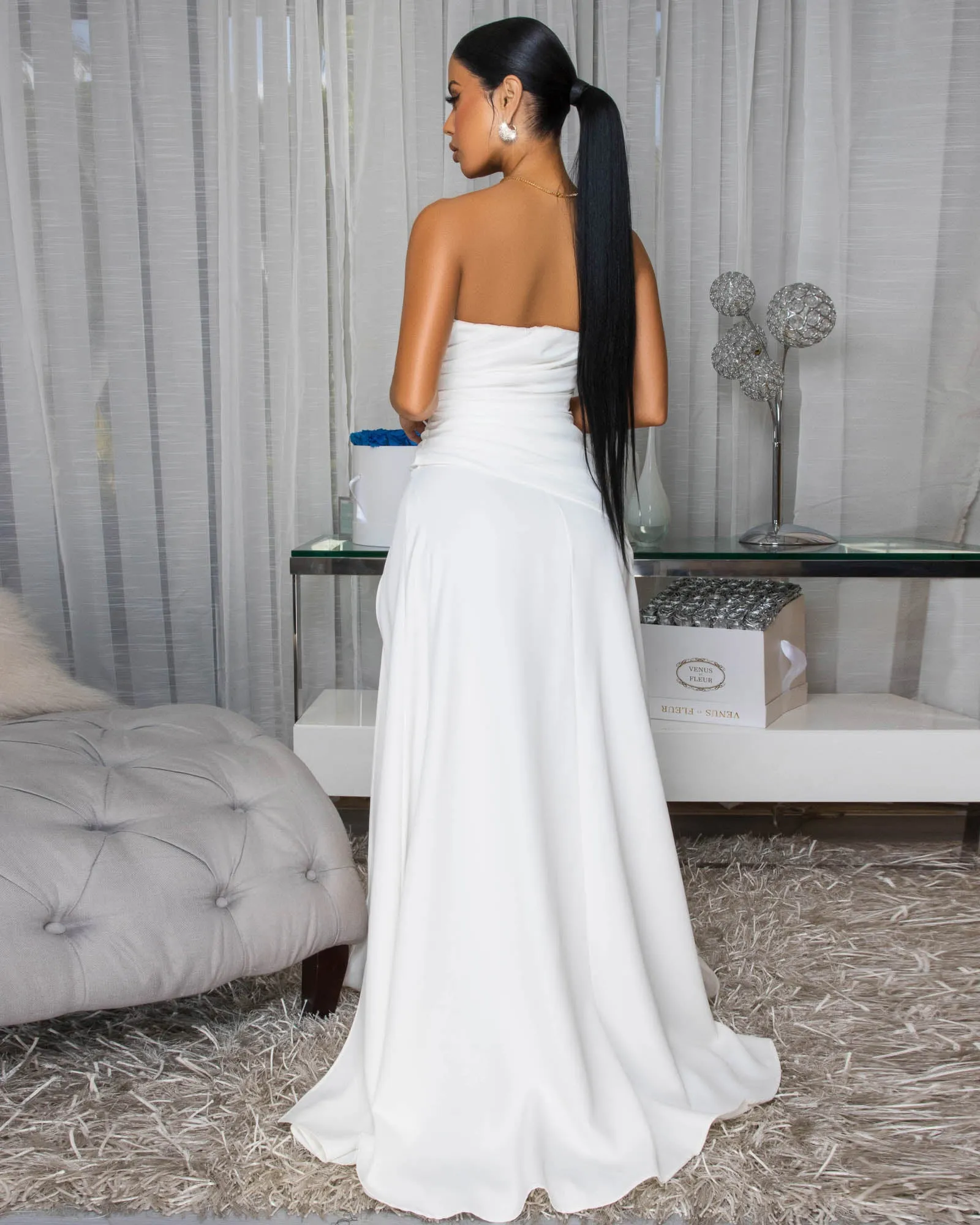 Sandrine Off-White Ruched Slit Gown sold by Chic Couture product image thumbnail 4