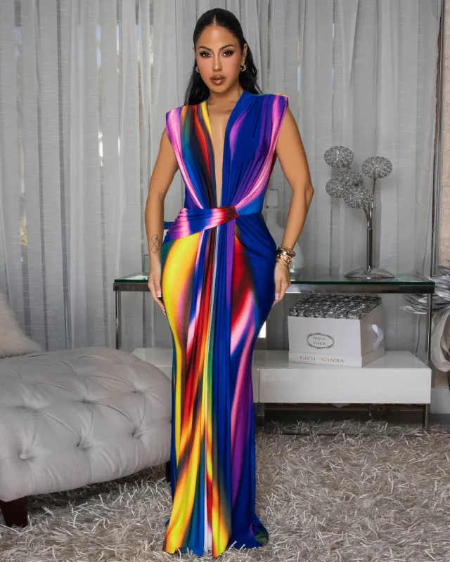 Alea Blue Multi-Color Deep V Neck Maxi Dress sold by Chic Couture