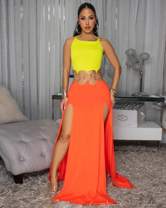 Millie Lime Orange Color-Block Cut-Out Maxi sold by Chic Couture