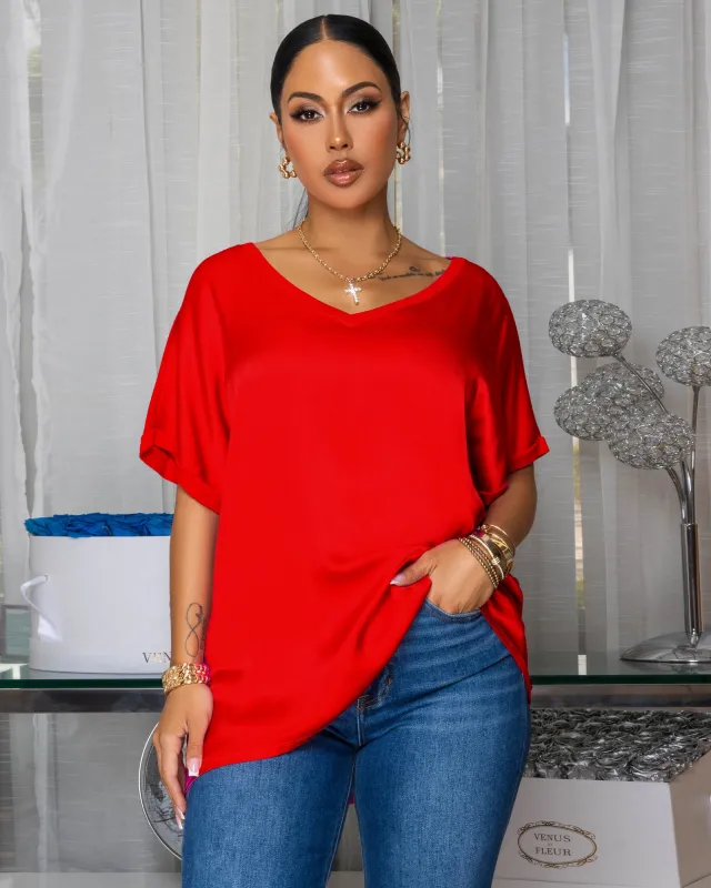 Sannela Red Silky V-Neckline Top sold by Chic Couture