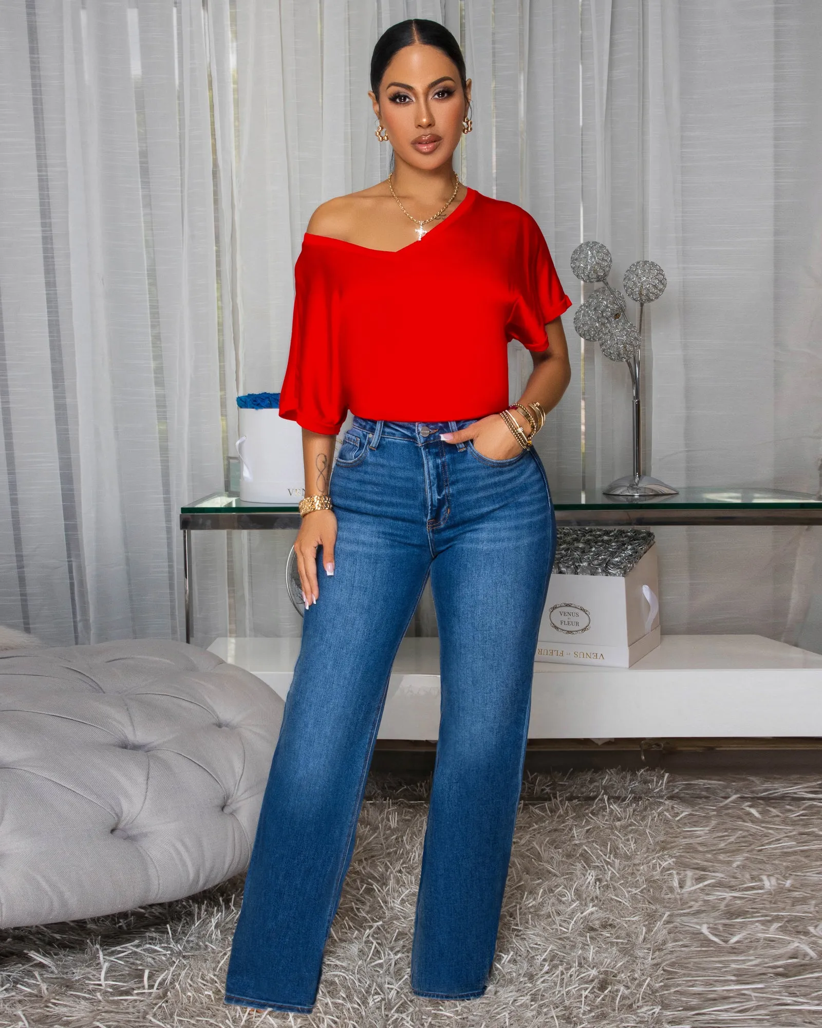Sannela Red Silky V-Neckline Top sold by Chic Couture product image thumbnail 4