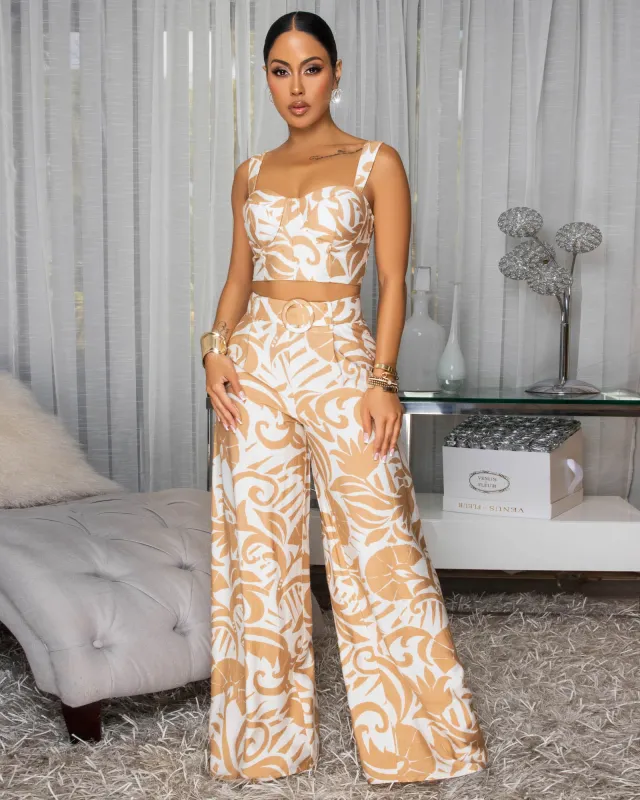 Olivia Taupe White Floral Print Top & Pants Set sold by Chic Couture