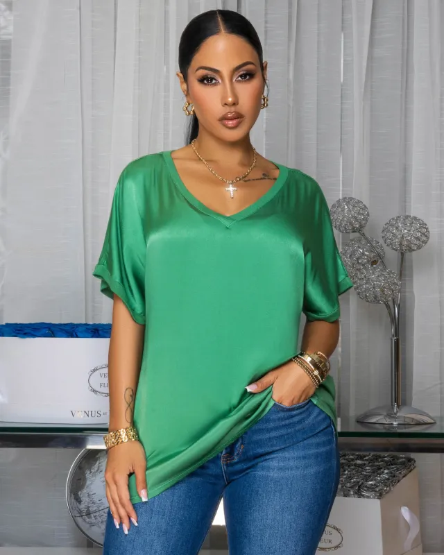 Sannela Forrest Green Silky V-Neckline Top sold by Chic Couture