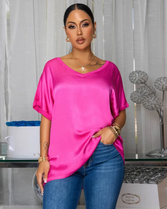 Sannela Fuchsia Silky V-Neckline Top sold by Chic Couture