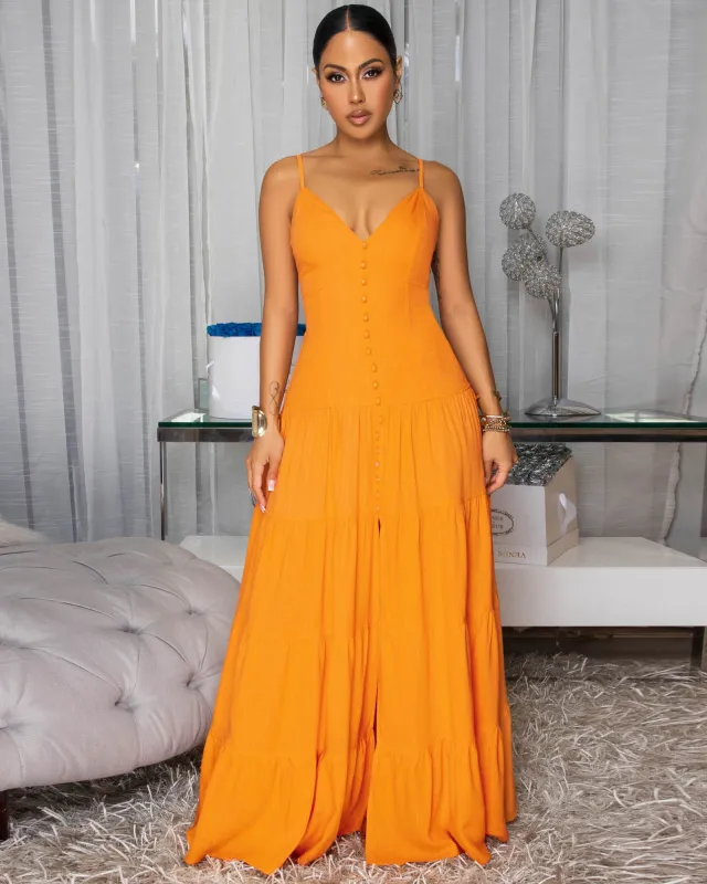Elyna Tangerine Linen Tiered Maxi Dress sold by Chic Couture