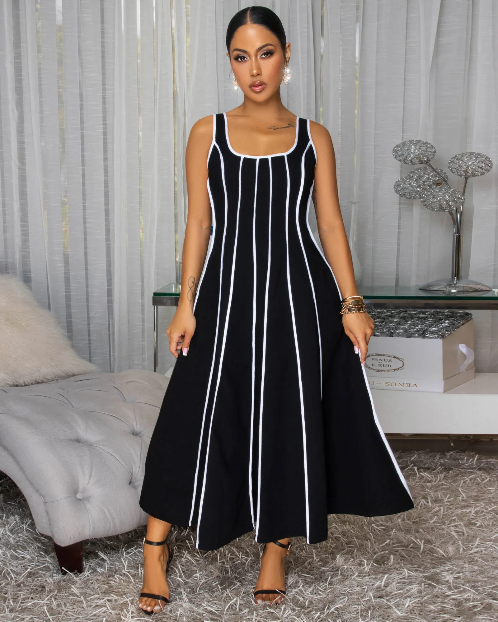 Samantha Black White Stripes Linen Midi Dress sold by Chic Couture