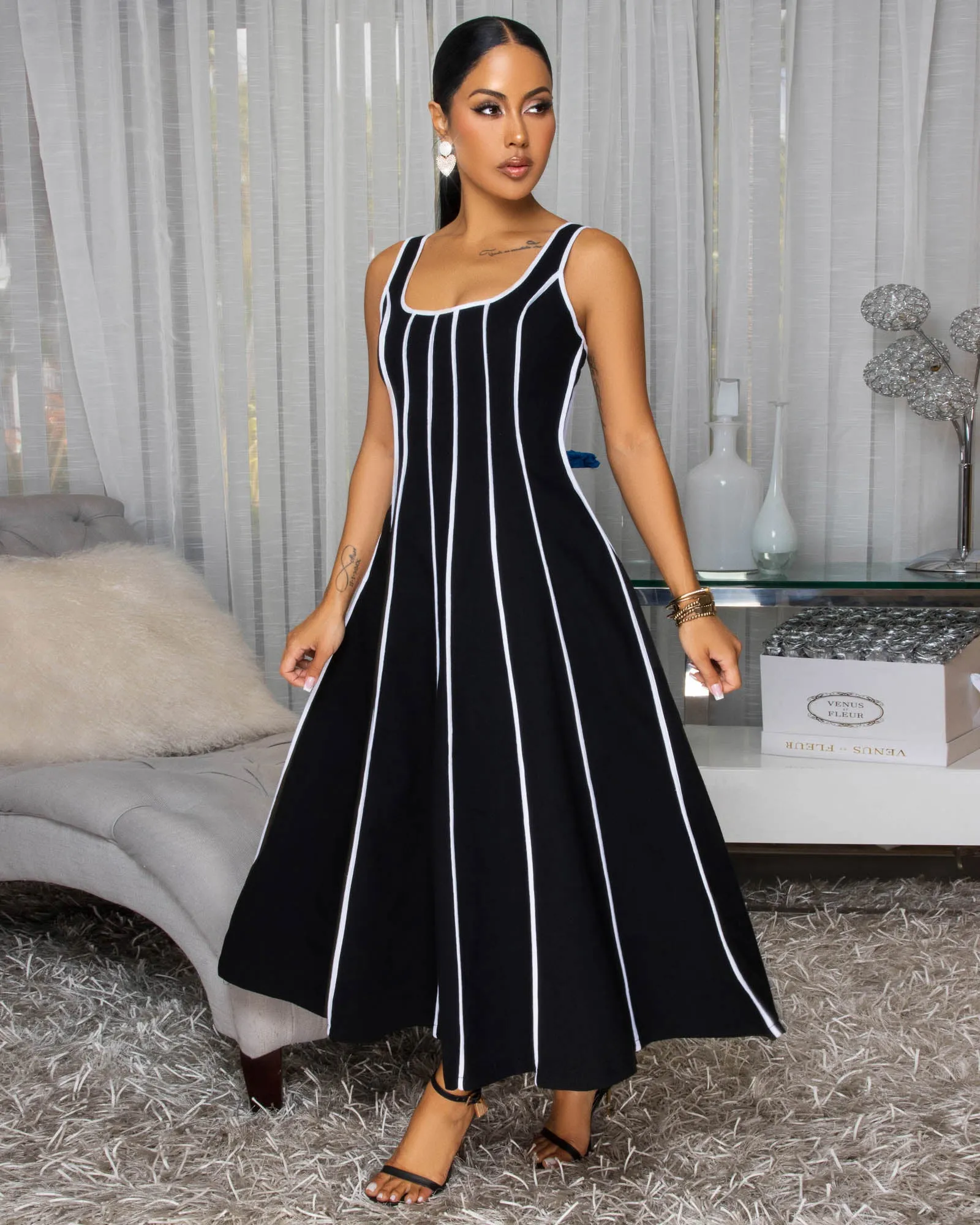 Samantha Black White Stripes Linen Midi Dress sold by Chic Couture product image thumbnail 2