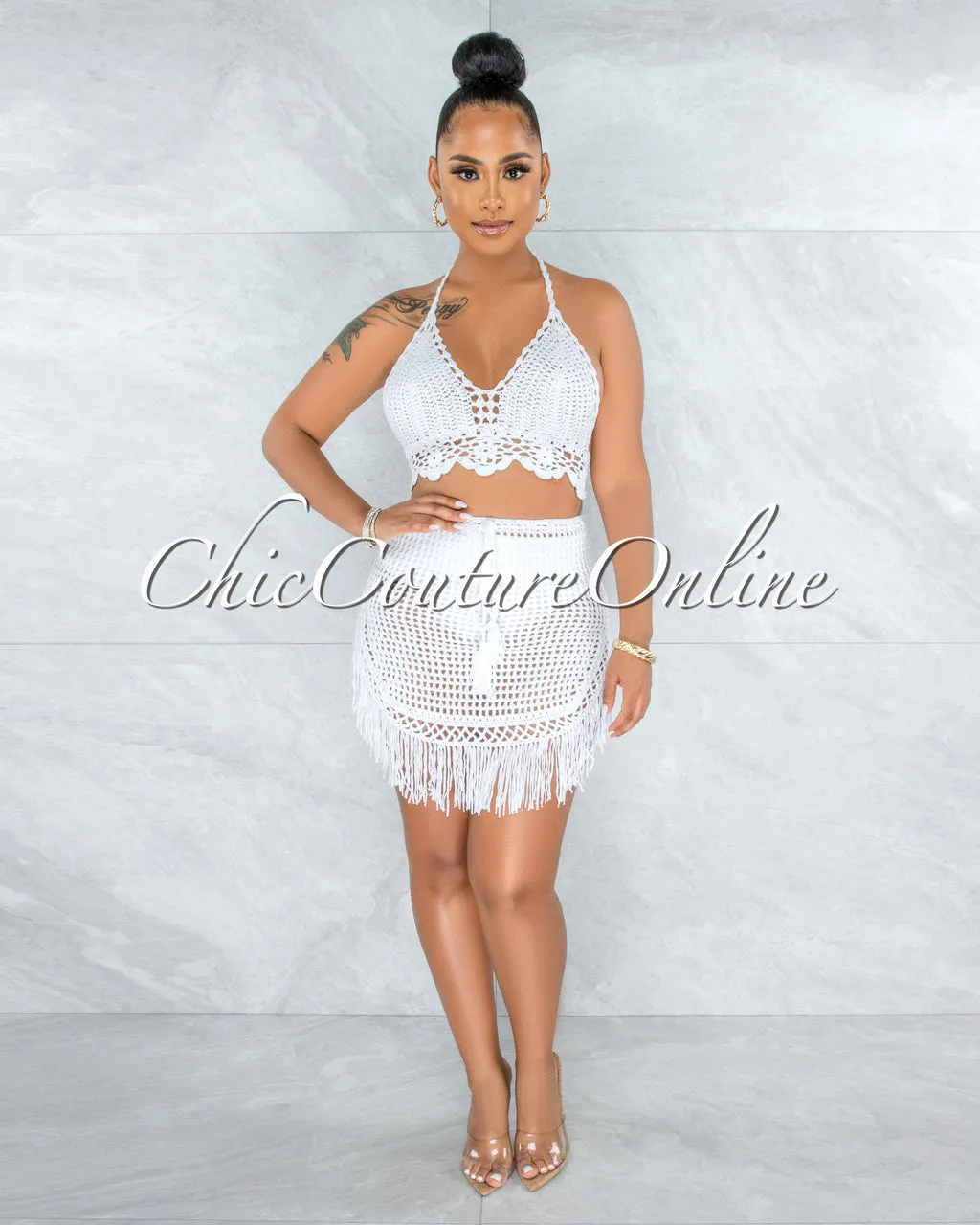 *Dodge Off-White Crochet Cover-Up Fringe Skirt Set sold by Chic Couture product image thumbnail 4