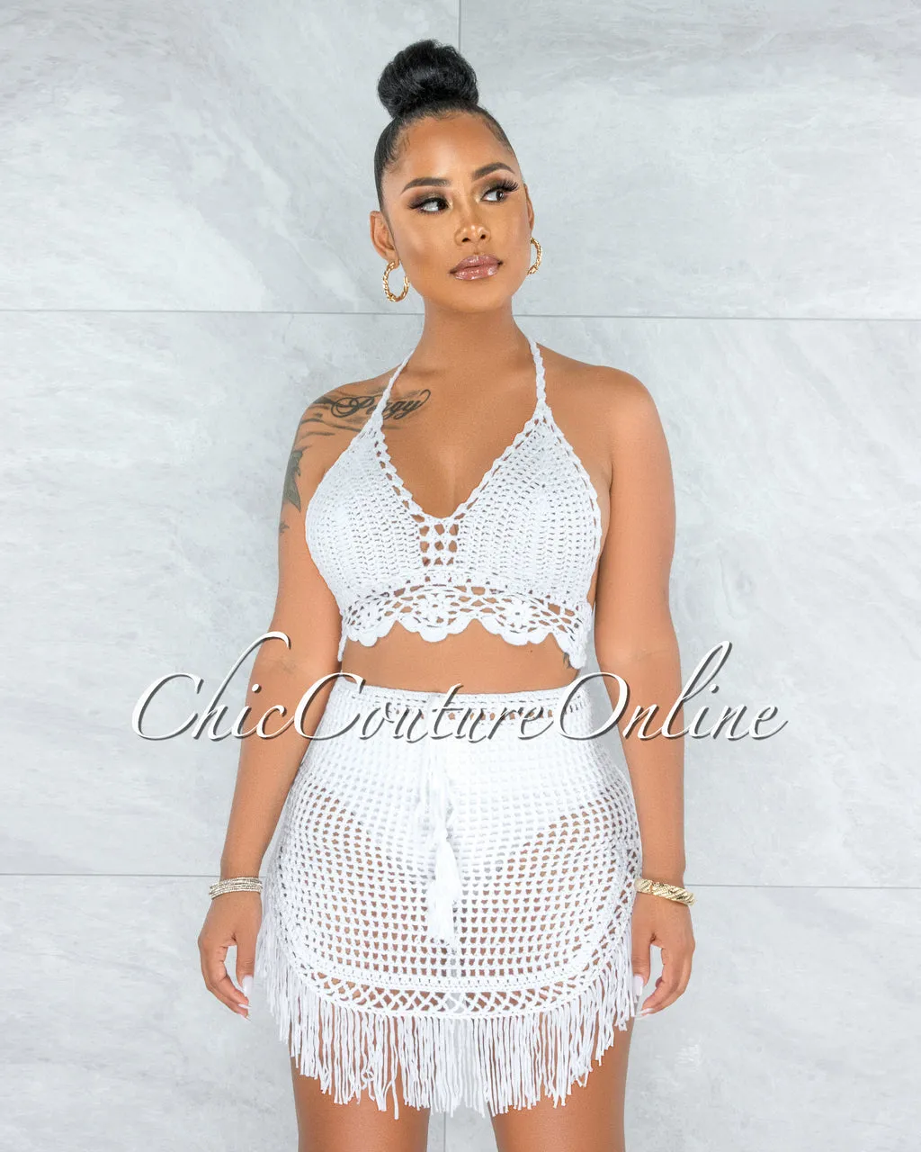 *Dodge Off-White Crochet Cover-Up Fringe Skirt Set sold by Chic Couture