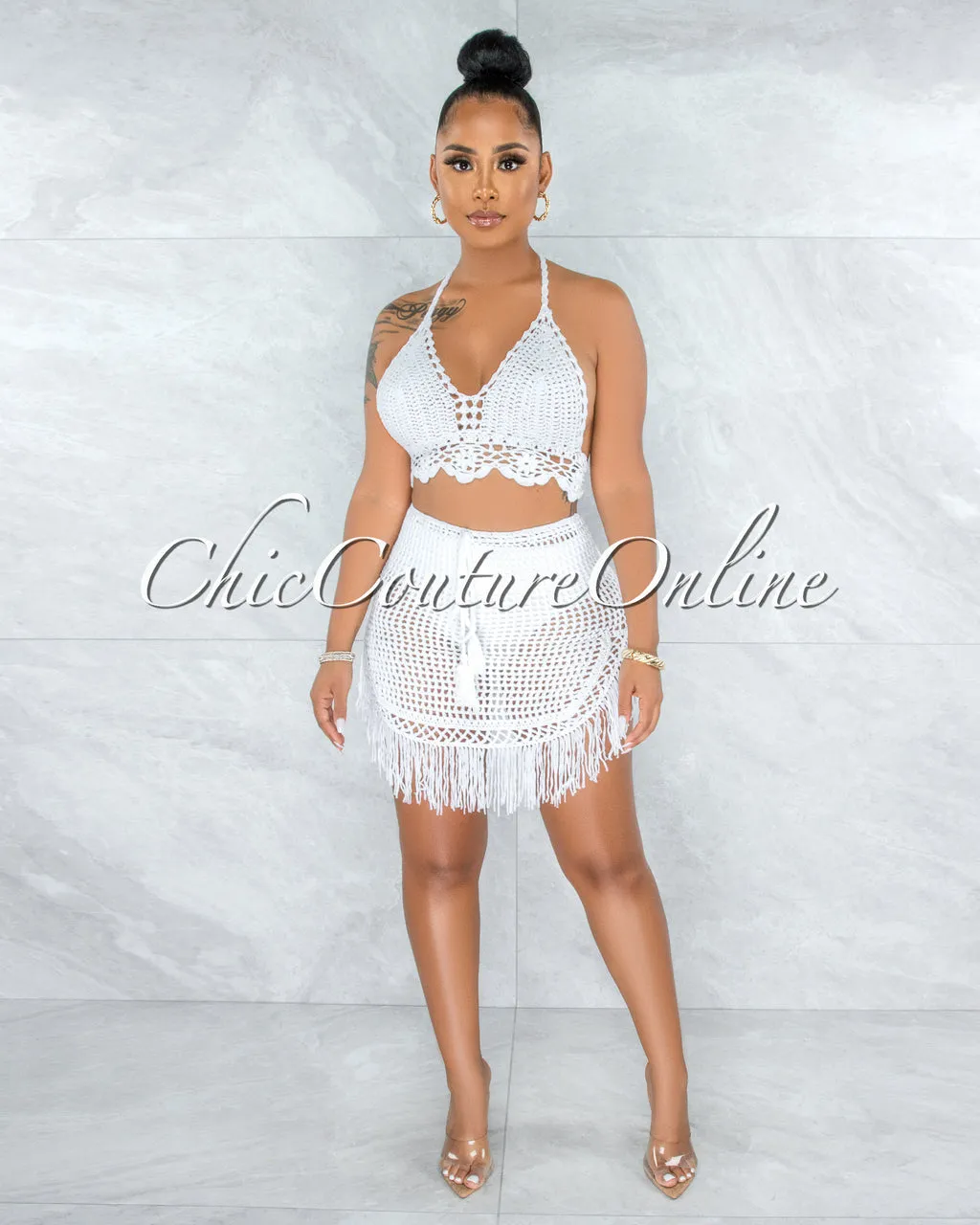 *Dodge Off-White Crochet Cover-Up Fringe Skirt Set sold by Chic Couture product image thumbnail 2