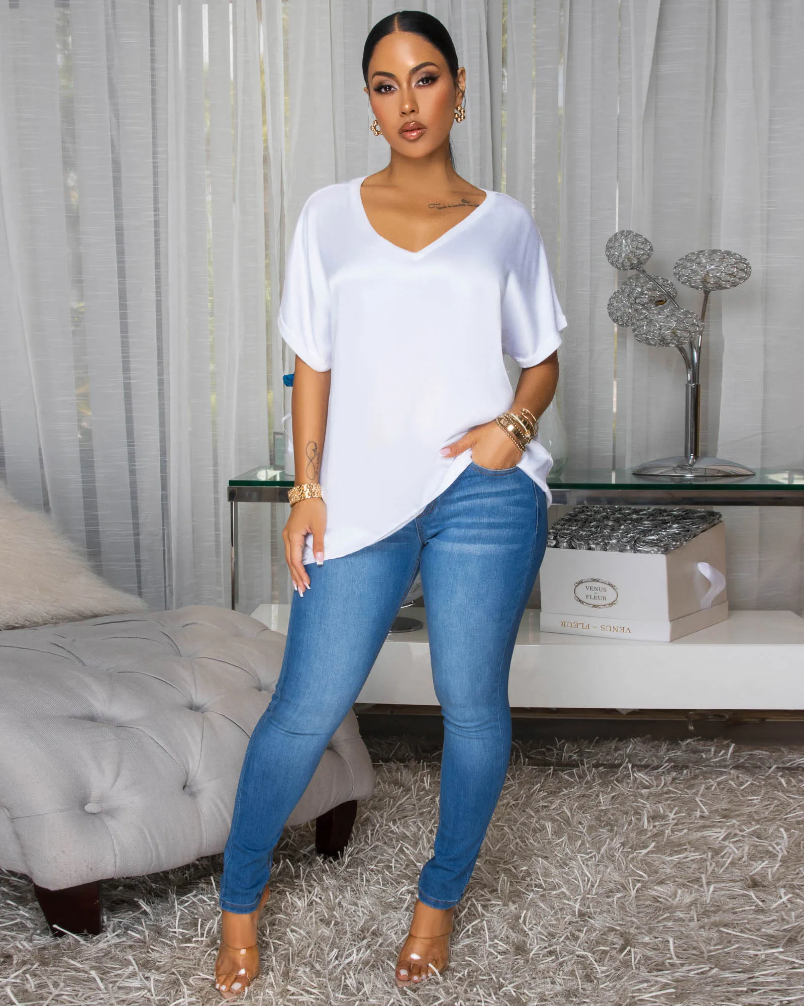 Sannela White Silky V-Neckline Top sold by Chic Couture product image thumbnail 2