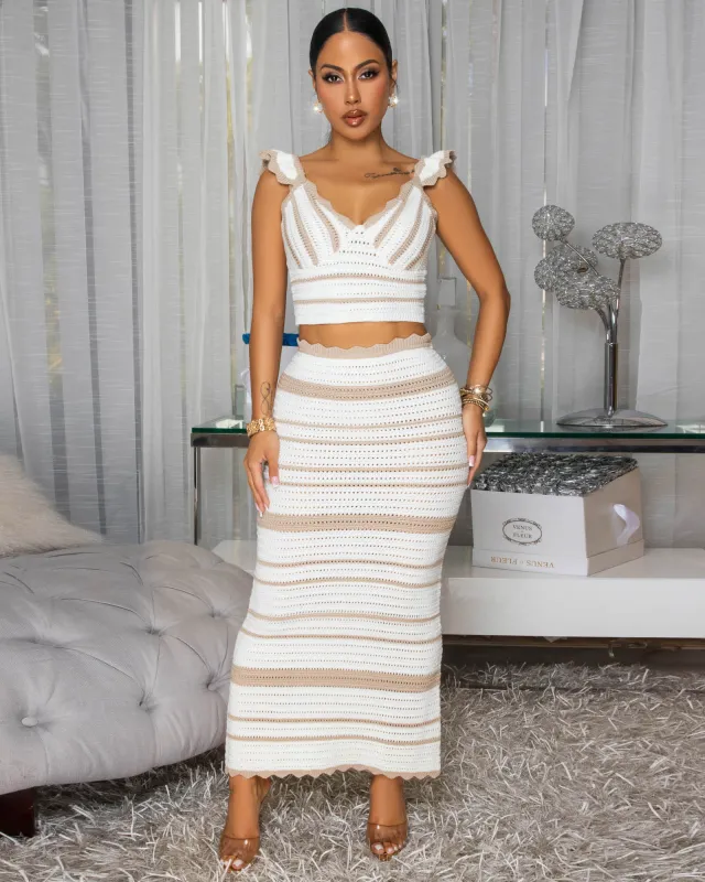 Janessa Off-White Taupe Crochet Top & Maxi Skirt Set sold by Chic Couture