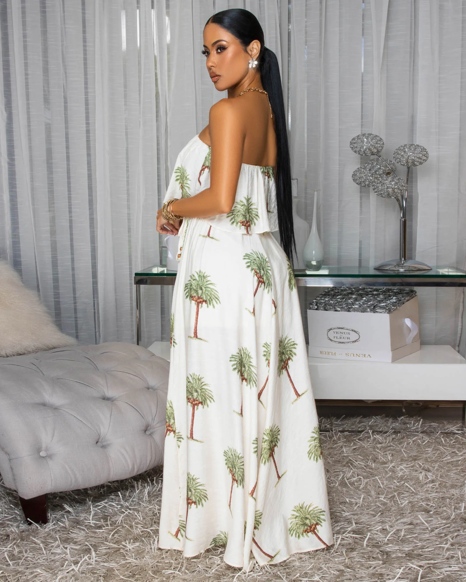 Lani Cream Palm Print Strapless Maxi Dress sold by Chic Couture product image thumbnail 3