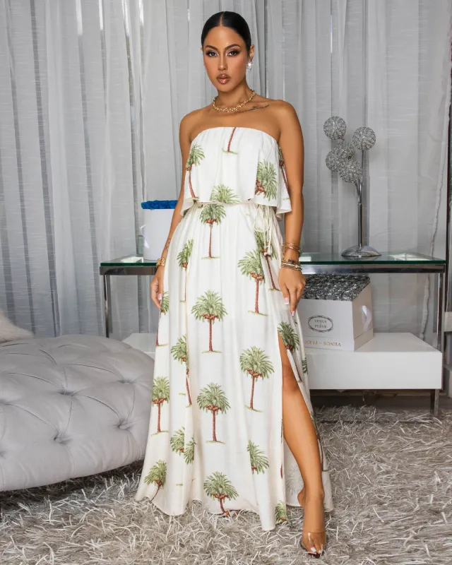Lani Cream Palm Print Strapless Maxi Dress sold by Chic Couture