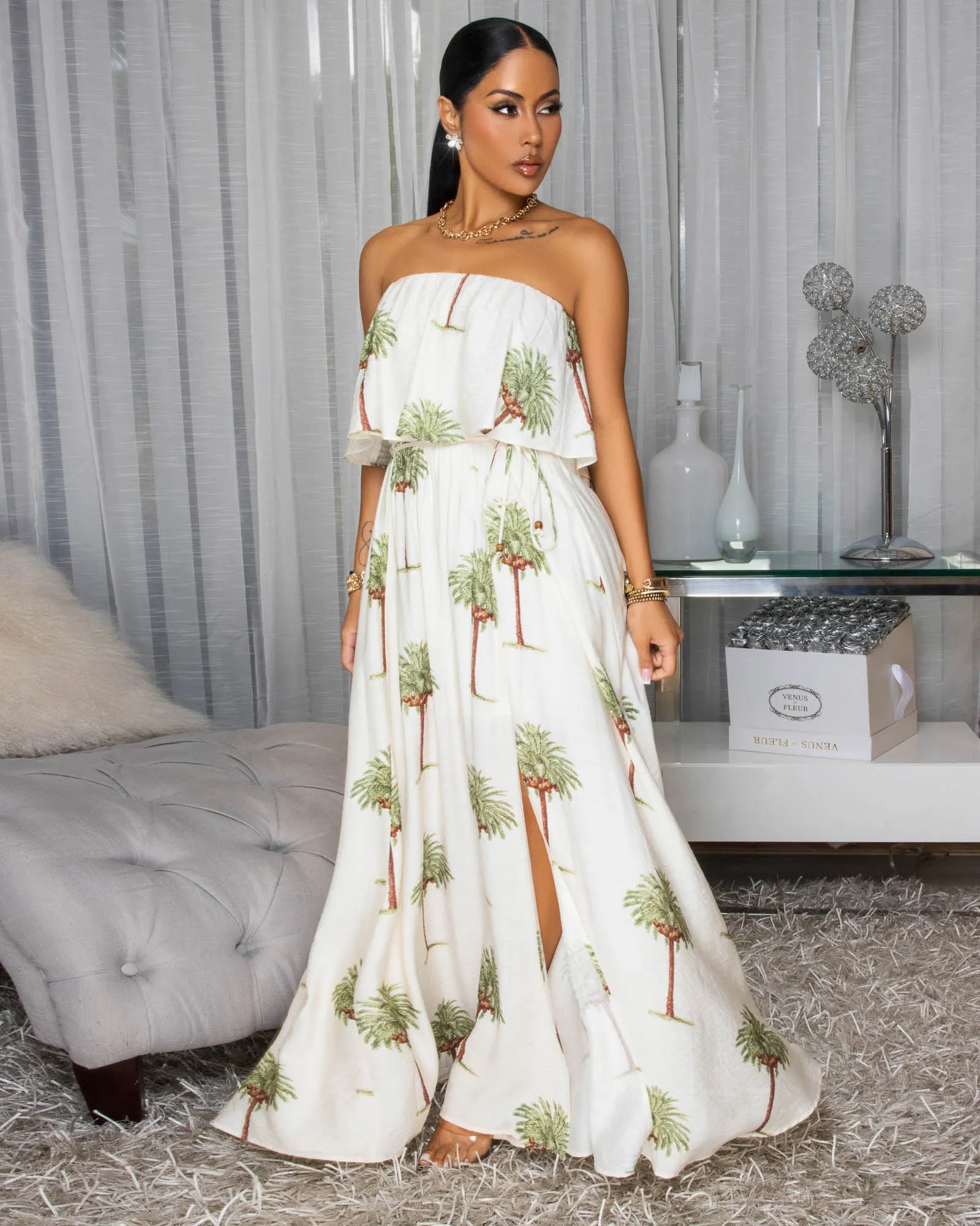 Lani Cream Palm Print Strapless Maxi Dress sold by Chic Couture product image thumbnail 4
