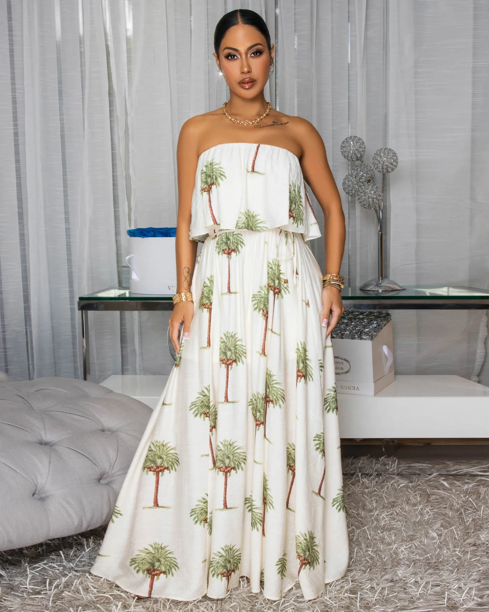 Lani Cream Palm Print Strapless Maxi Dress sold by Chic Couture product image thumbnail 2