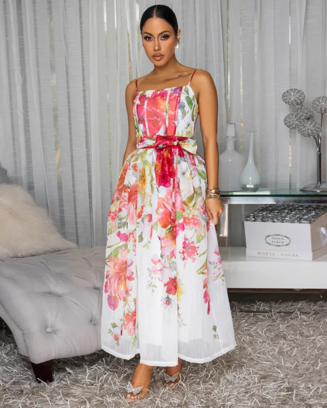 Maliyah Ivory Multi-Color Floral Print Midi Dress sold by Chic Couture