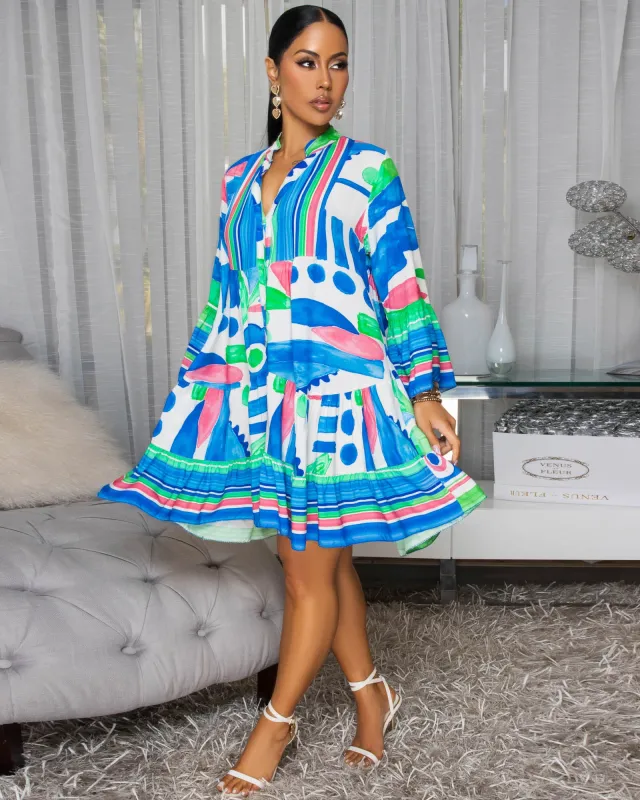 Dorisse Blue Green Multi-Color Print Shirt Dress sold by Chic Couture