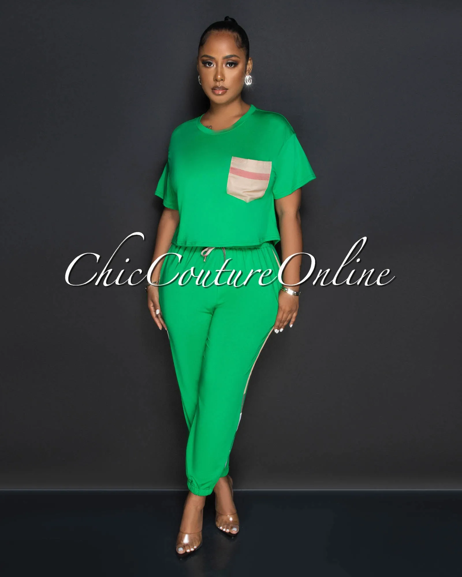 *Labbie Green Nude Plaid Accent Jogger Set sold by Chic Couture product image thumbnail 2