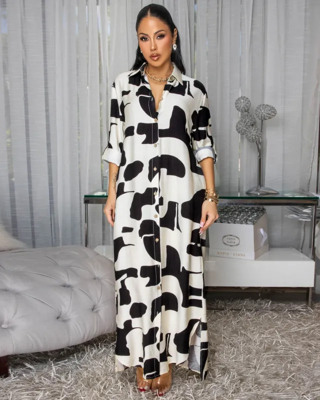 Quinn Black Cream Print Maxi Shirt Dress sold by Chic Couture