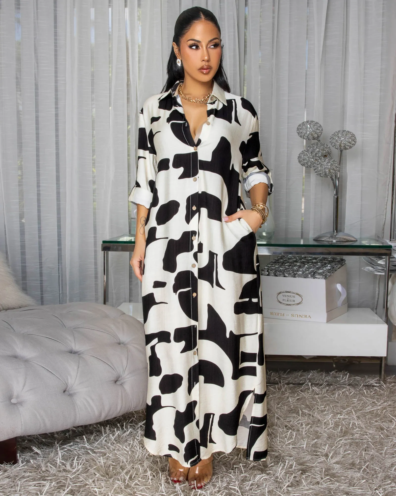 Quinn Black Cream Print Maxi Shirt Dress sold by Chic Couture product image thumbnail 2