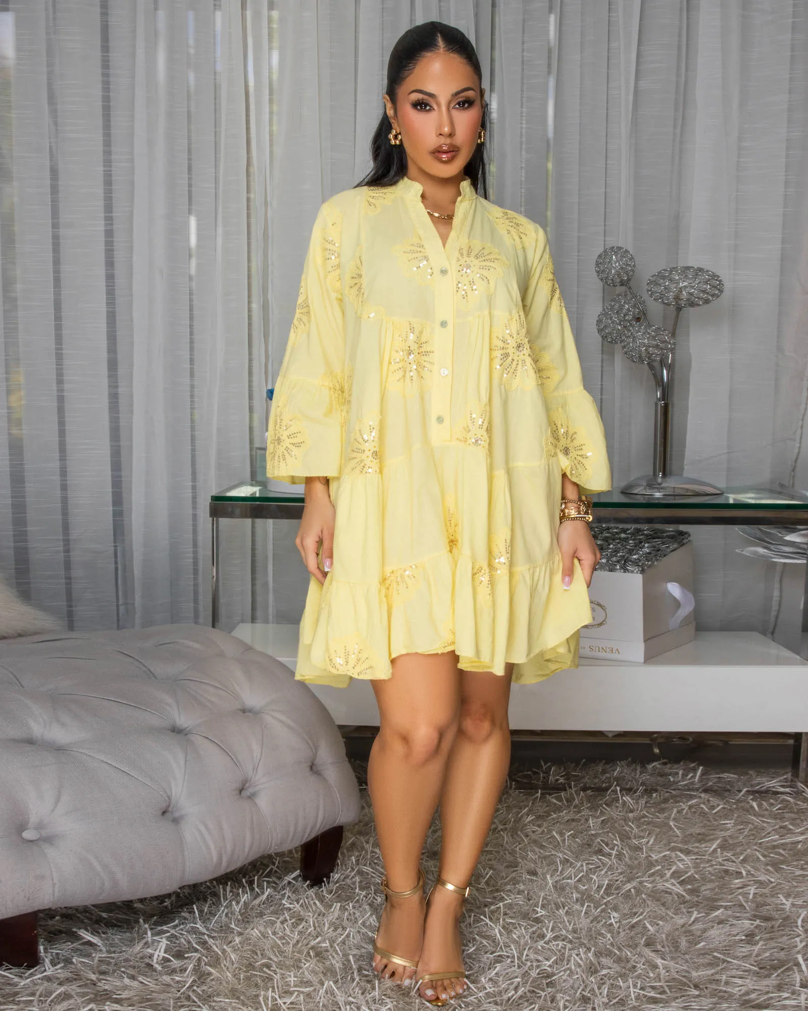 Lorelei Light Yellow Embroidery Sequins Shirt Dress sold by Chic Couture product image thumbnail 2