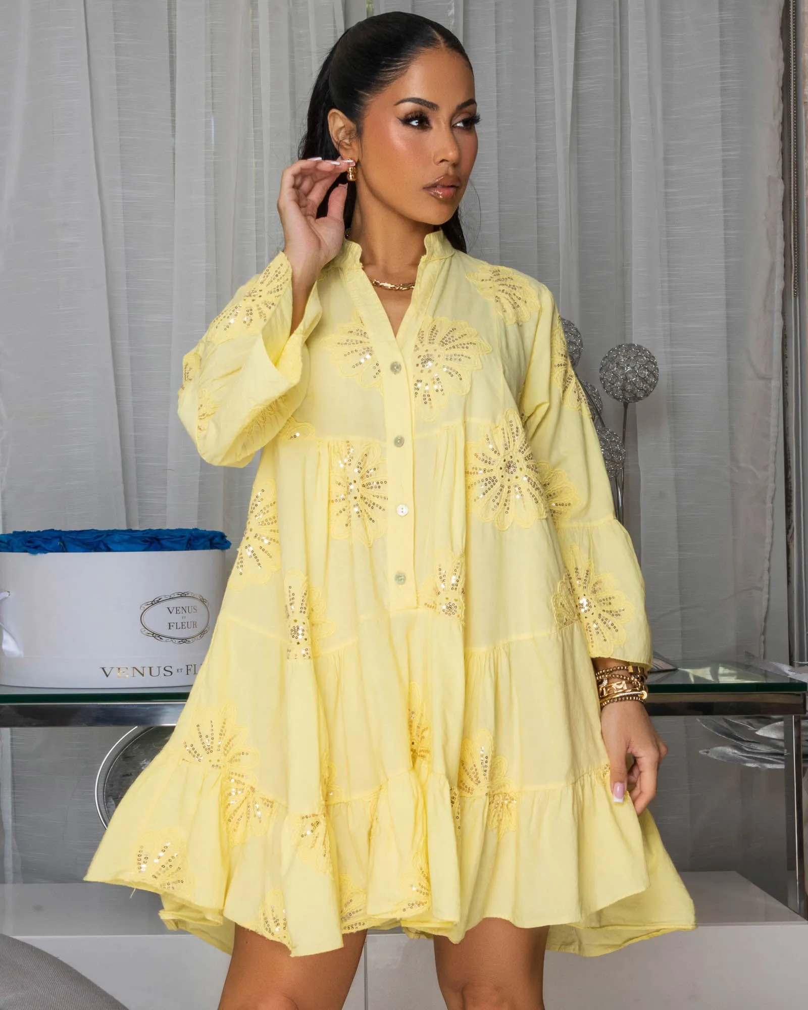 Lorelei Light Yellow Embroidery Sequins Shirt Dress sold by Chic Couture product image thumbnail 4