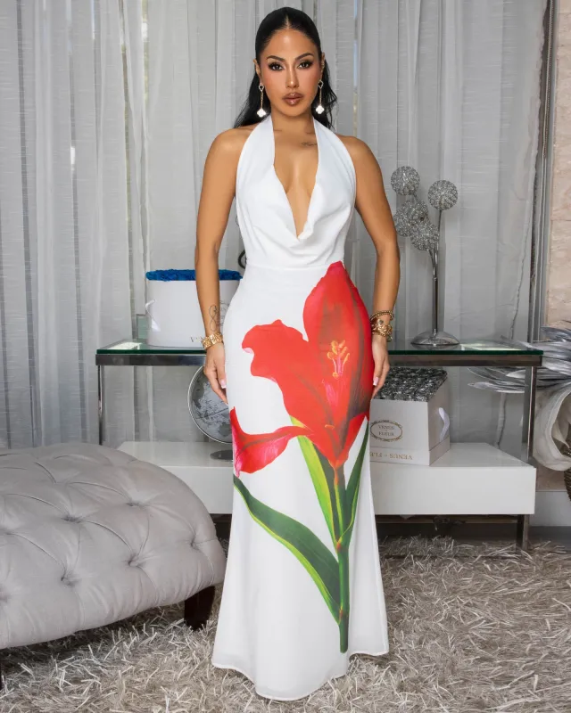 Althea Off-White Red Floral Print Halter Dress sold by Chic Couture