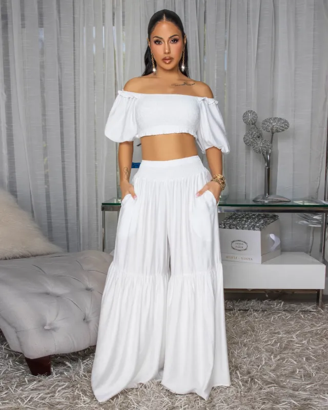 Andy White Smocked Crop Top & Wide Pants Set sold by Chic Couture