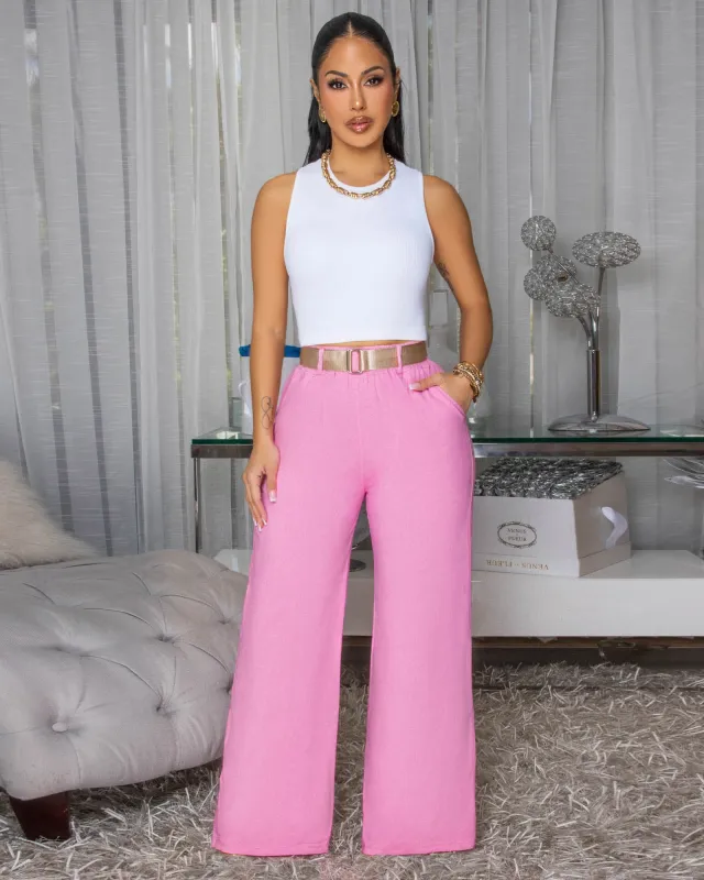 Venus Pink Belted Straight Legs Pants sold by Chic Couture