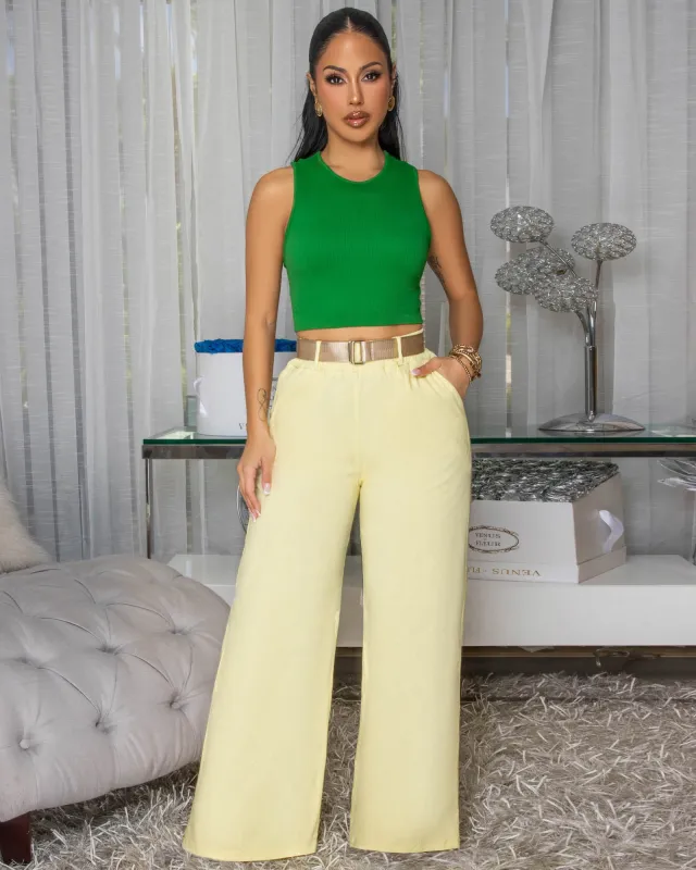 Venus Light Yellow Belted Straight Legs Pants sold by Chic Couture