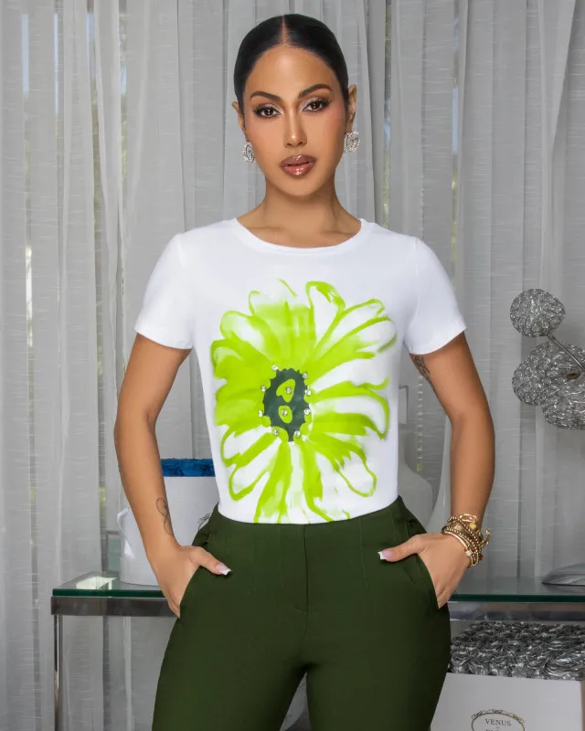 Sunflower Lime Print Off-White T-Shirt sold by Chic Couture