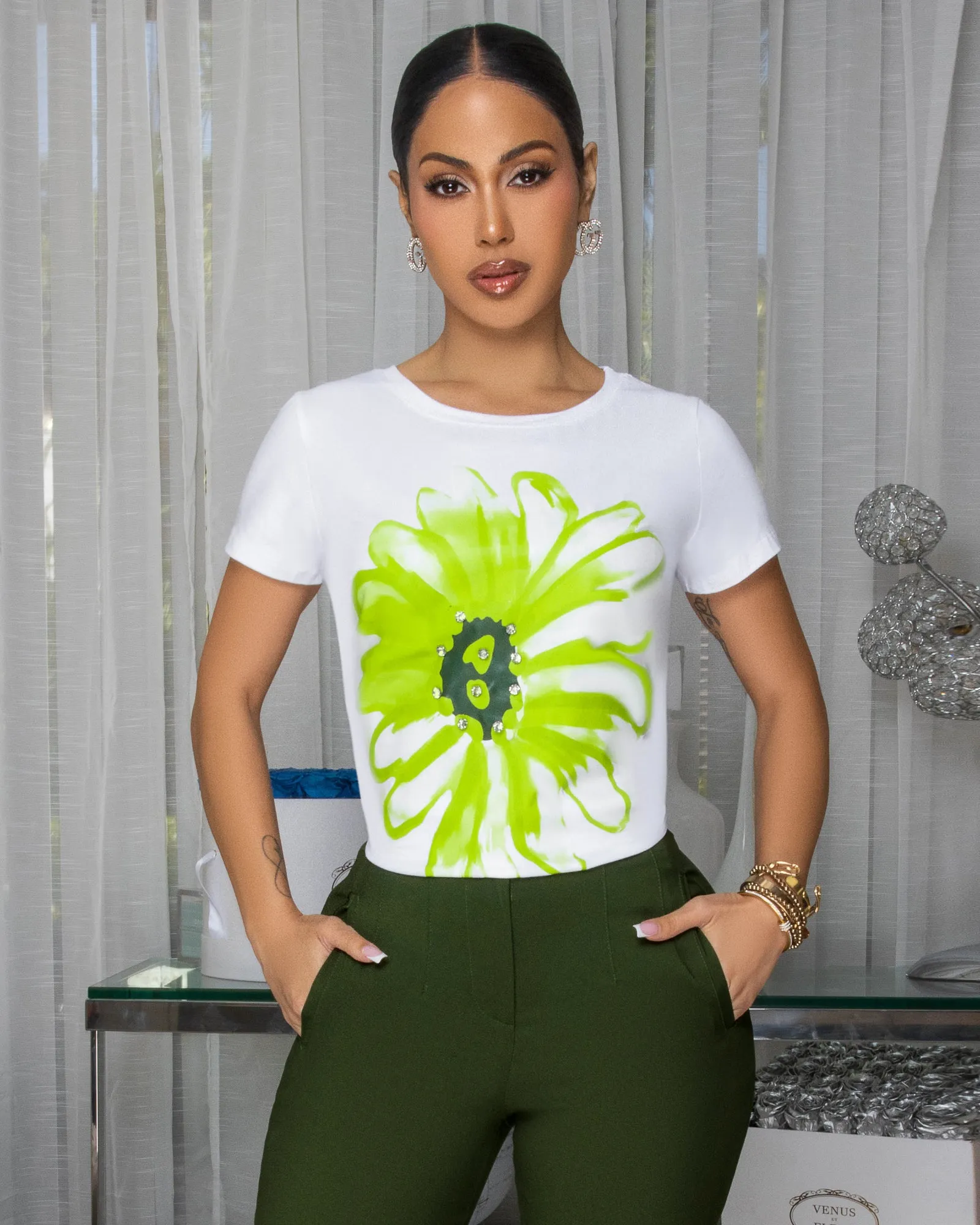 Sunflower Lime Print Off-White T-Shirt sold by Chic Couture