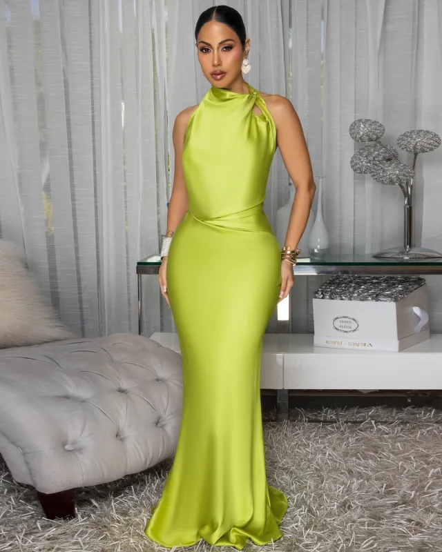 Dahlia Lime Draped Halter Maxi Dress sold by Chic Couture