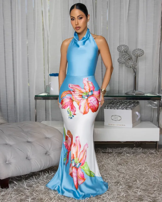 Karlissia Blue Multi-Color Satin Halter Dress sold by Chic Couture