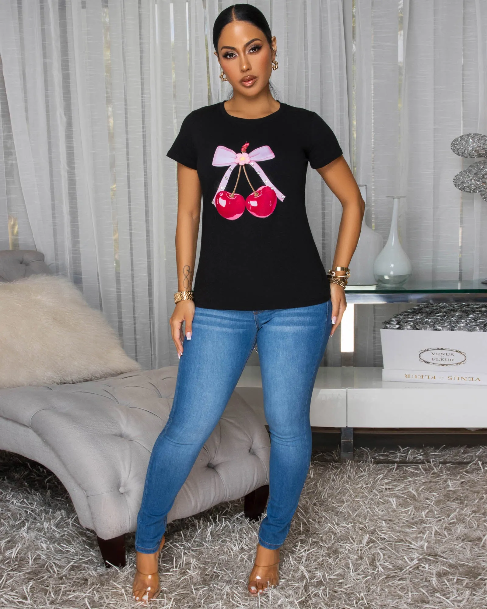 Cherries Black Bow Print Graphic T-Shirt sold by Chic Couture product image thumbnail 4