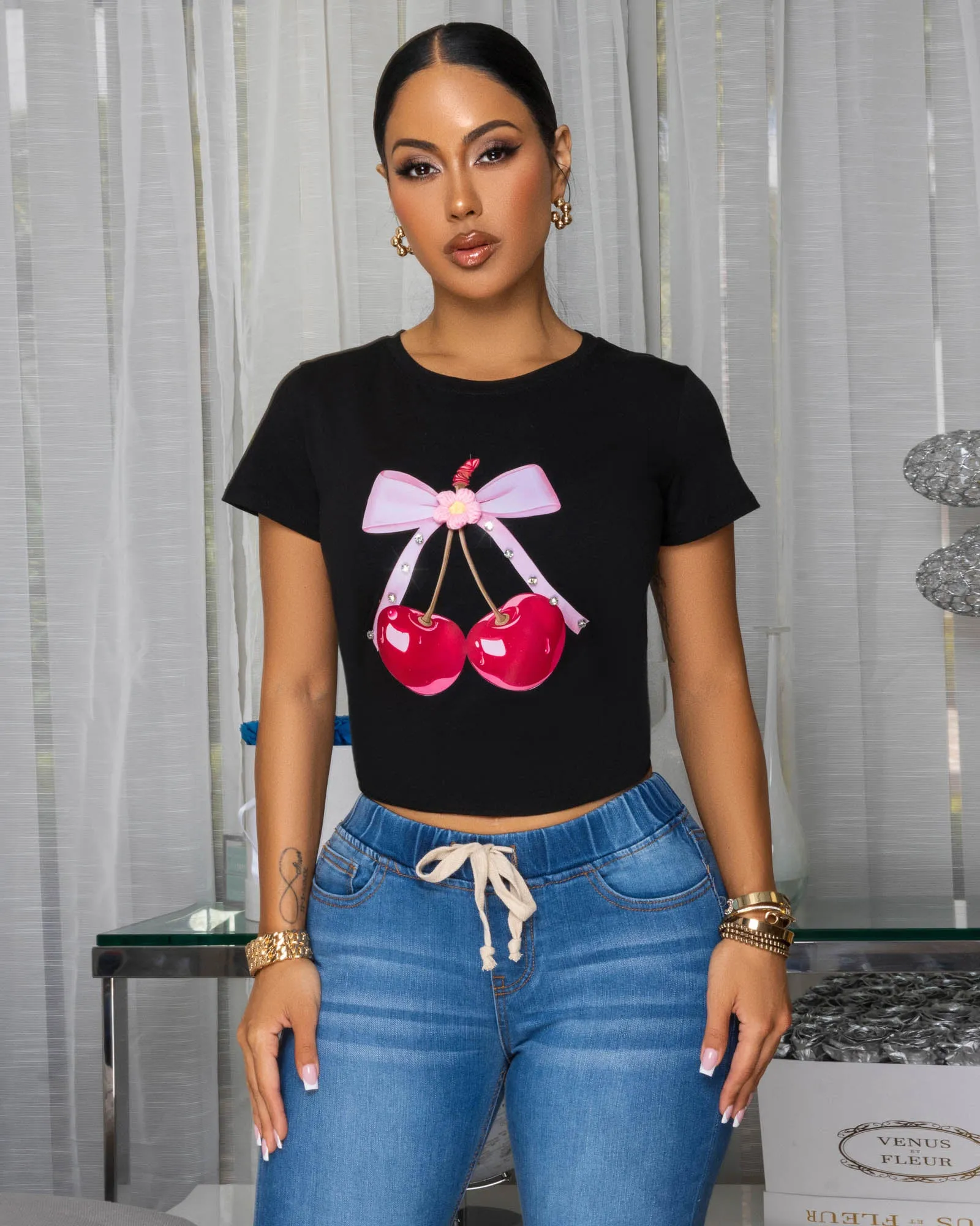 Cherries Black Bow Print Graphic T-Shirt sold by Chic Couture