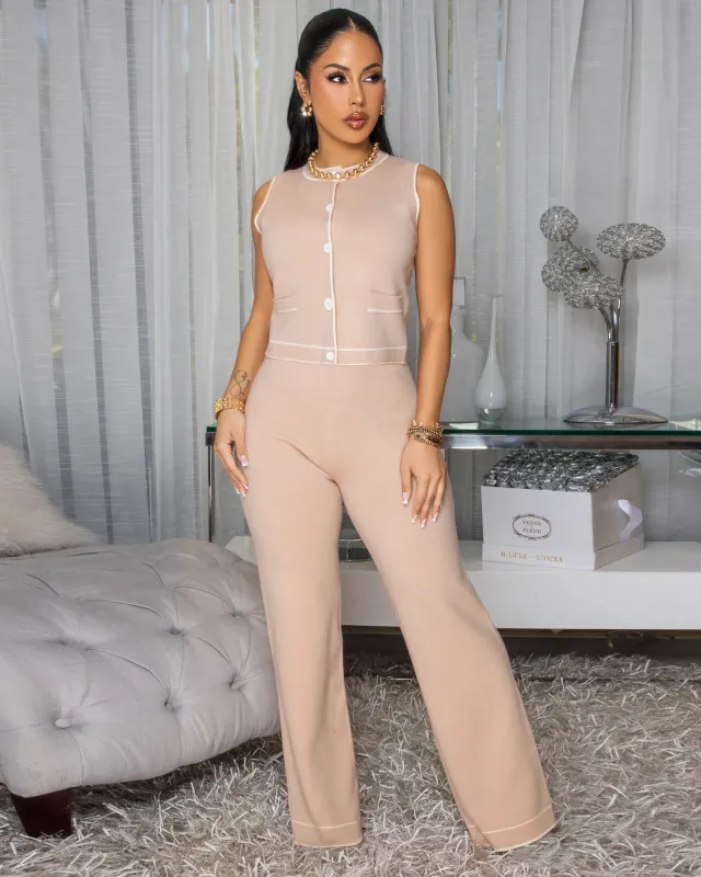Samira Nude Cream Trim Knit Pants Set sold by Chic Couture