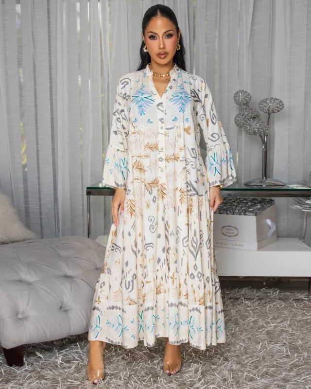 Emmie Cream Grey Multi-Color Maxi Dress sold by Chic Couture