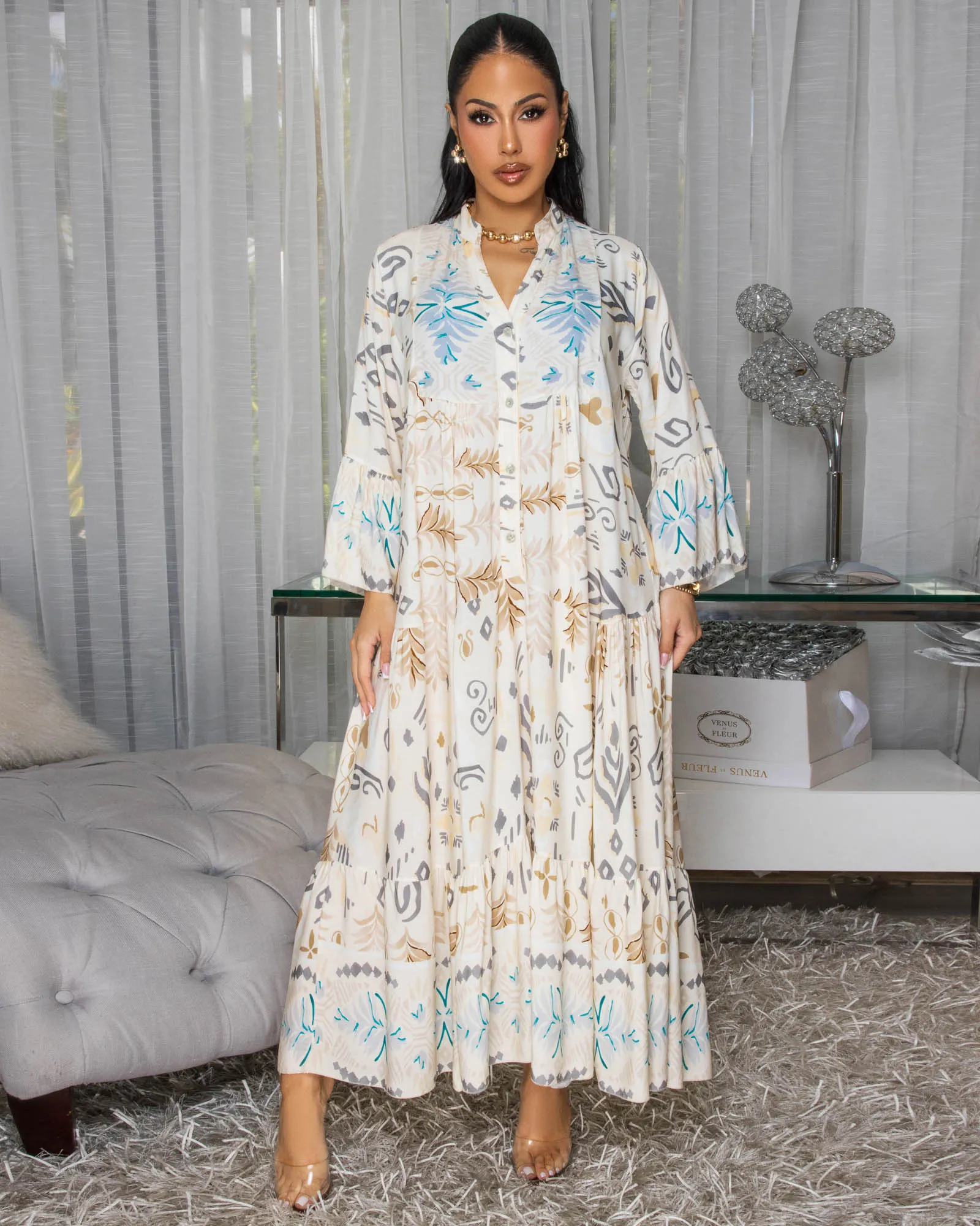 Emmie Cream Grey Multi-Color Maxi Dress sold by Chic Couture