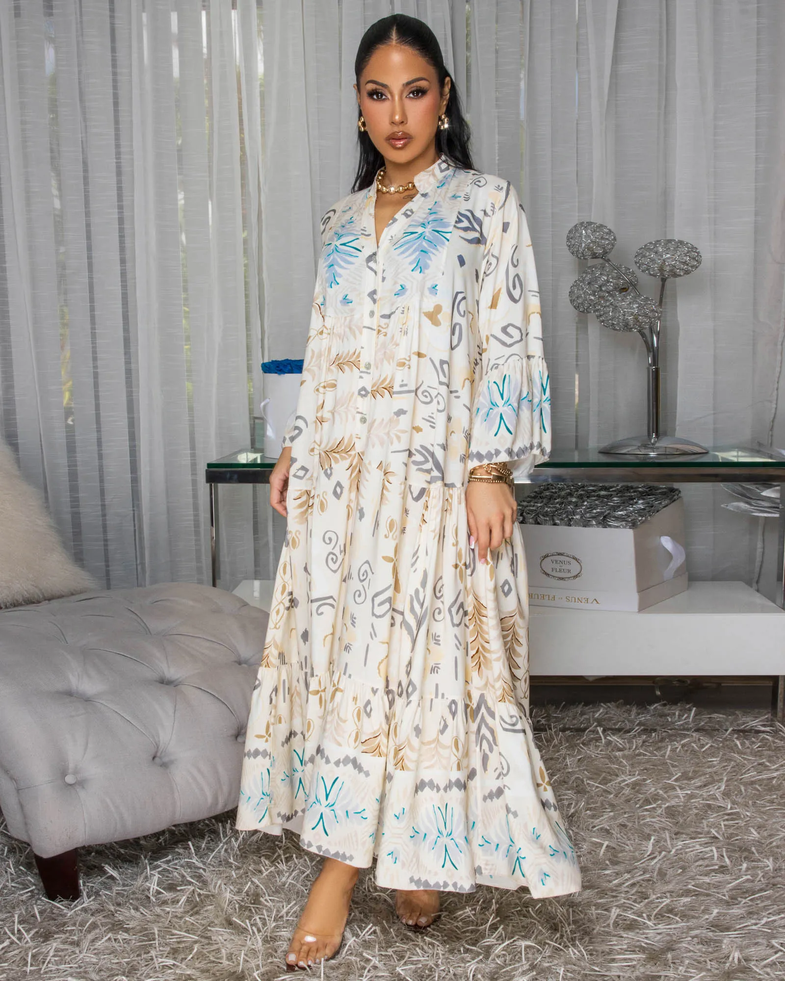 Emmie Cream Grey Multi-Color Maxi Dress sold by Chic Couture product image thumbnail 2