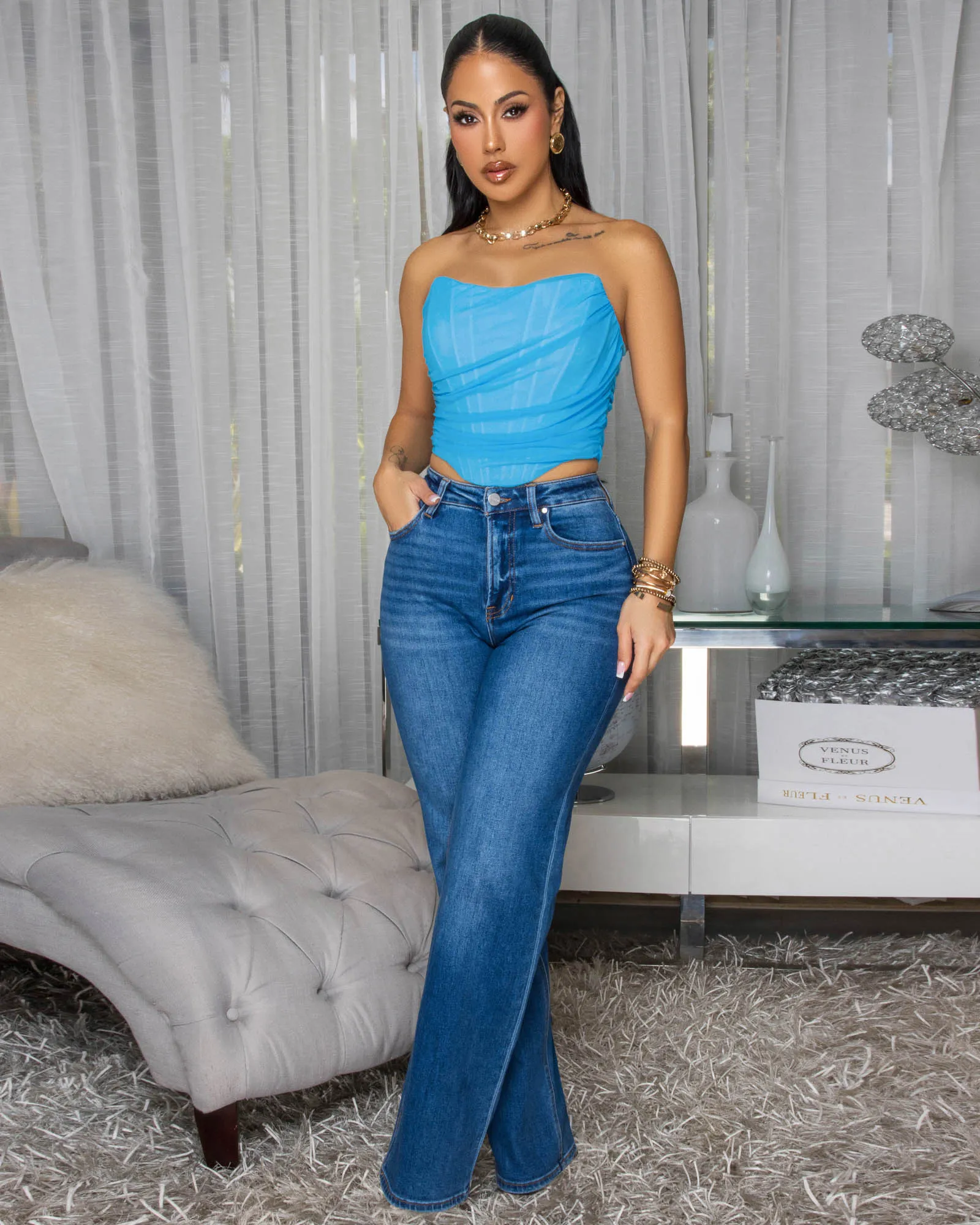 Halle Turquoise Mesh Crop Corset sold by Chic Couture product image thumbnail 3