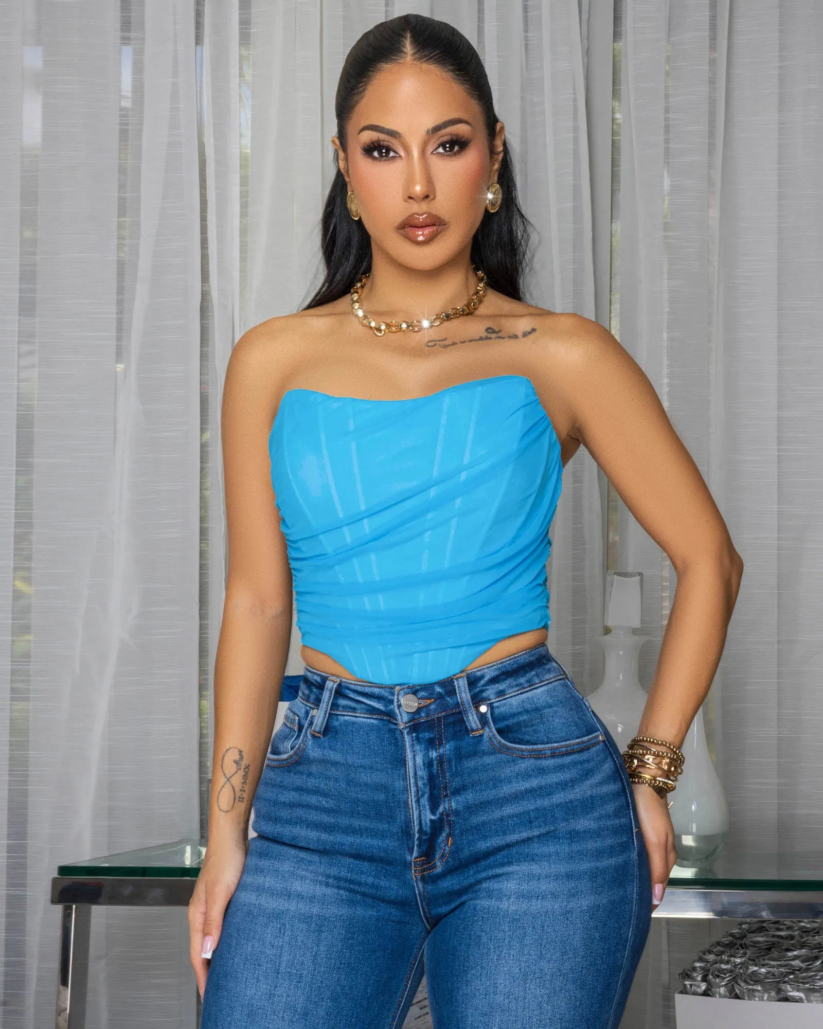 Halle Turquoise Mesh Crop Corset sold by Chic Couture