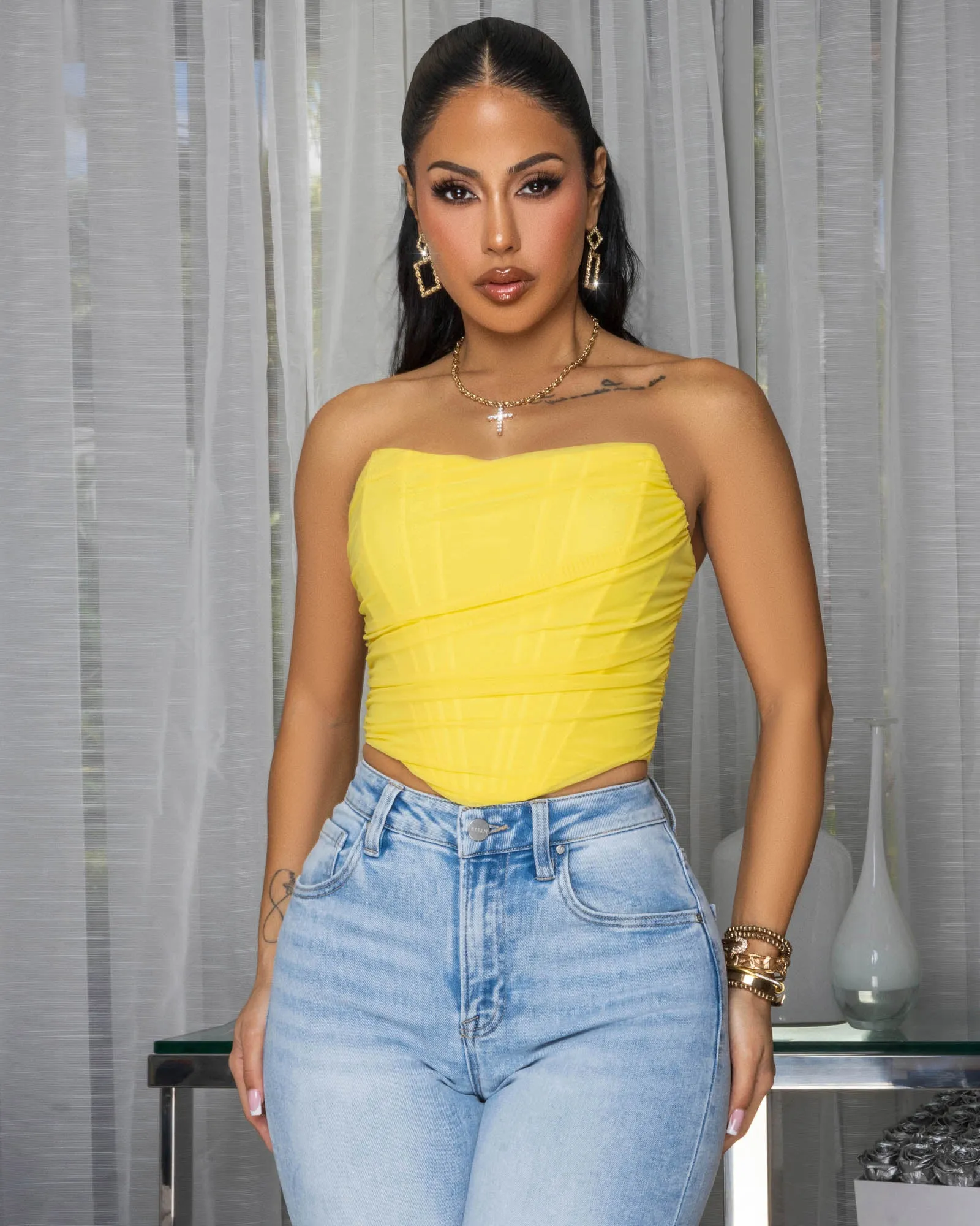 Halle Yellow Mesh Crop Corset sold by Chic Couture