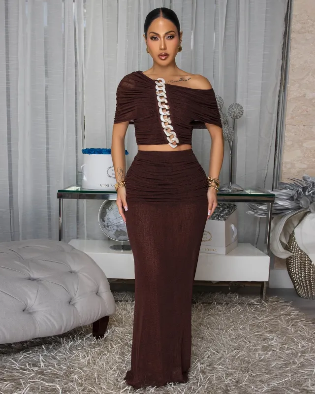 Lawrence Chocolate Brown Mesh Ruched Top & Skirt Set sold by Chic Couture