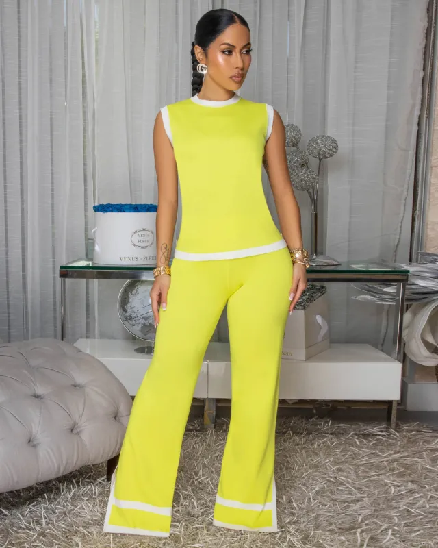 Evan Yellow White Trim Knit Pants Set sold by Chic Couture