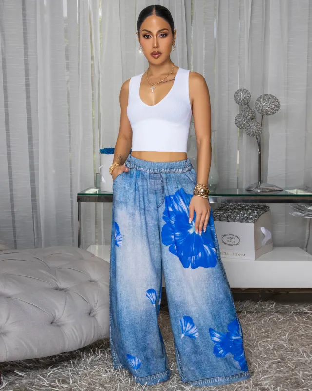 Tamsin Denim Print Blue Floral Print Linen Pants sold by Chic Couture