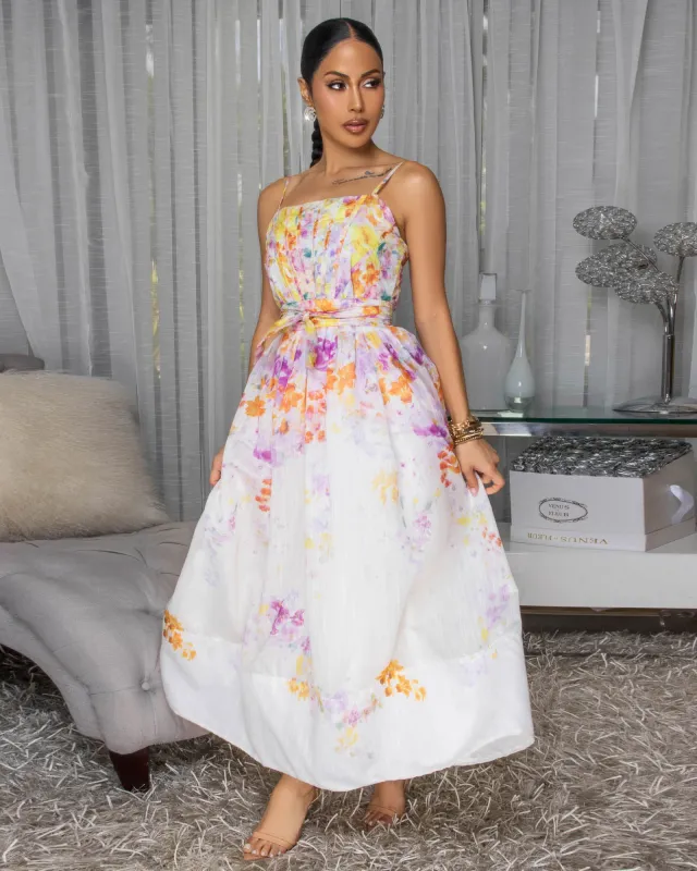 Maliyah Blush Multi-Color Floral Print Midi Dress sold by Chic Couture