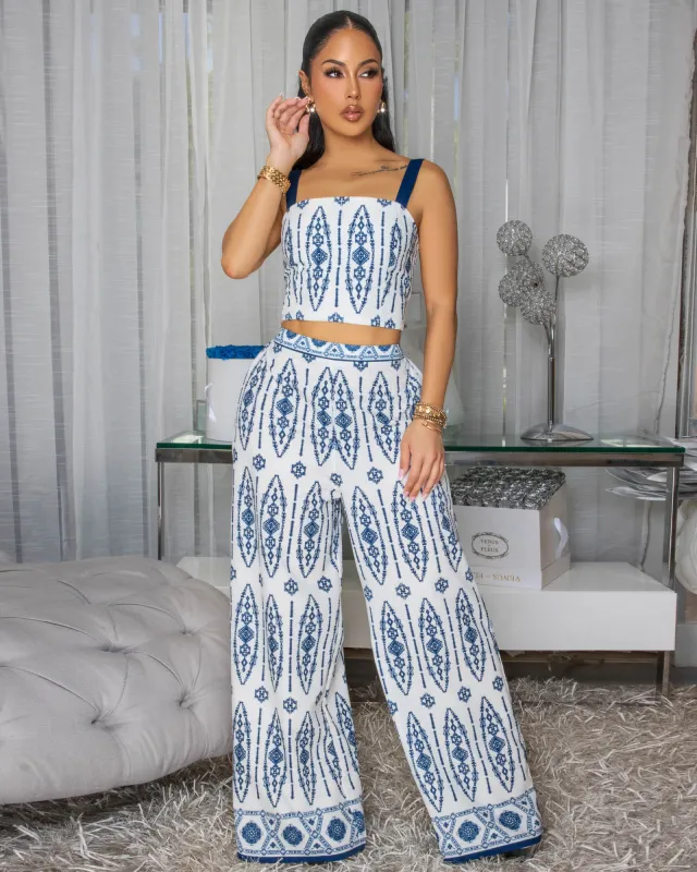 Toya Off-White Blue Print Pants Set sold by Chic Couture
